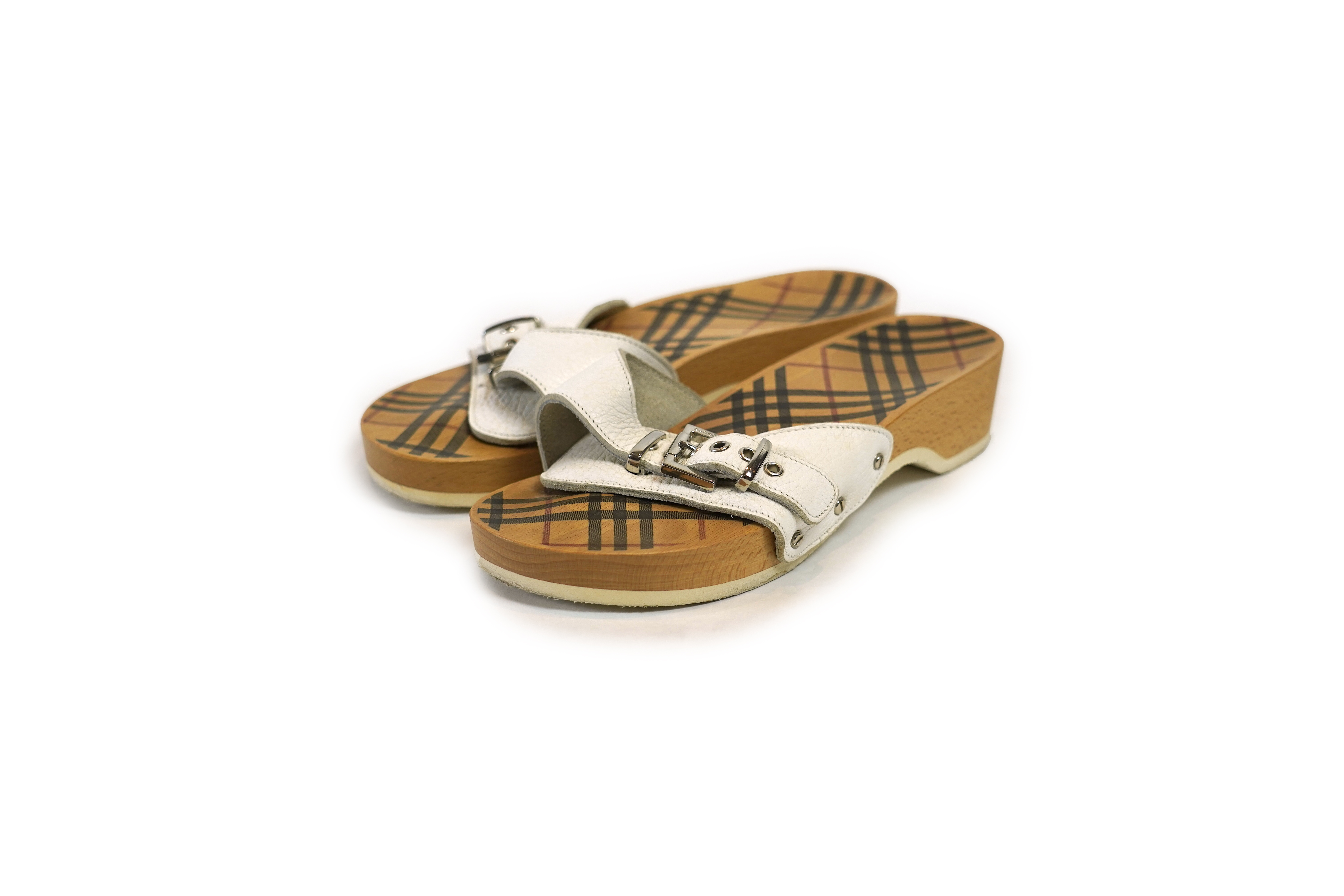 A pair of vintage Burberry white leather clog slides, with dust bag. Size 39